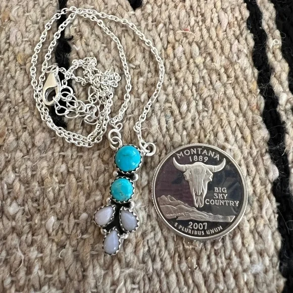 ❤️ Bluebird Turquoise & Pink Opal 925 Southwestern Navajo Necklace 18+2”L 11.4Gm - Picture 5 of 12